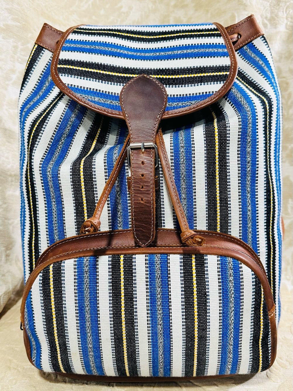 Maya Heritage Blue Stripe Leather Backpack – Handwoven Guatemalan Artisan Bag